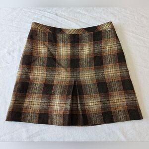 Vintage Wool Blend Plaid A-Line Skirt in Brown, Cream & Orange